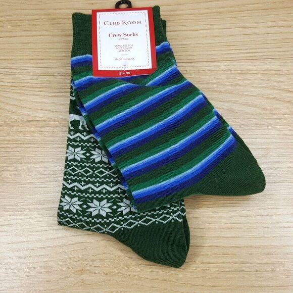 CLUB ROOM Crew Socks Mens Green 2-Pack Fair Isle Stripe Seamless Soft Touch - Picture 2 of 6